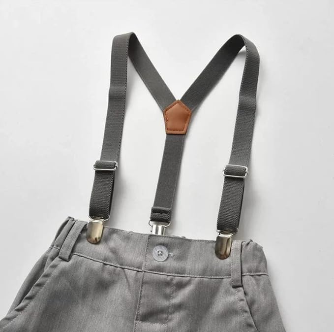 Boys' Striped Shirt and Gray Suspender Pants Set with Bow Tie - B0023