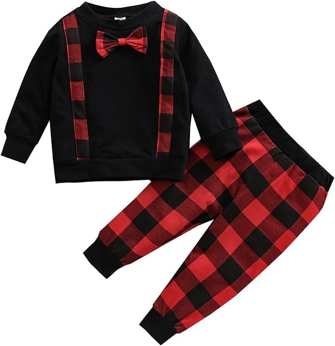 Boys Plaid Outfit Hoodie Sweatshirt Jackets Shirt+Pants Christmas Set - B0012
