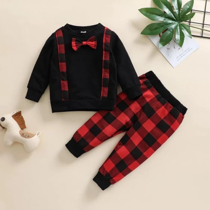 Boys Plaid Outfit Hoodie Sweatshirt Jackets Shirt+Pants Christmas Set - B0012