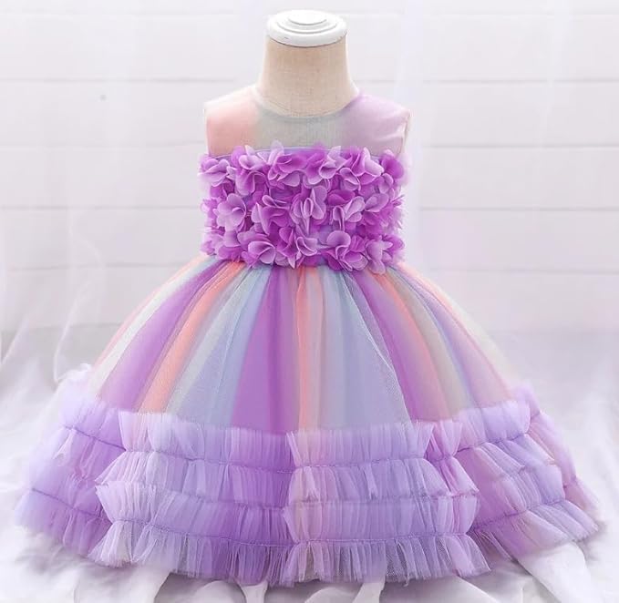 Rainbow Tutu Skirt Dress with Flower Application for Babies and Toddlers - G0105