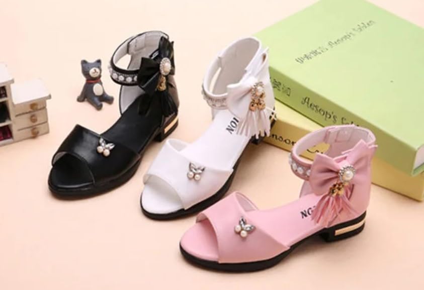 Girls' Elegant Ankle Strap Sandals with Pearls and Bow - S0044