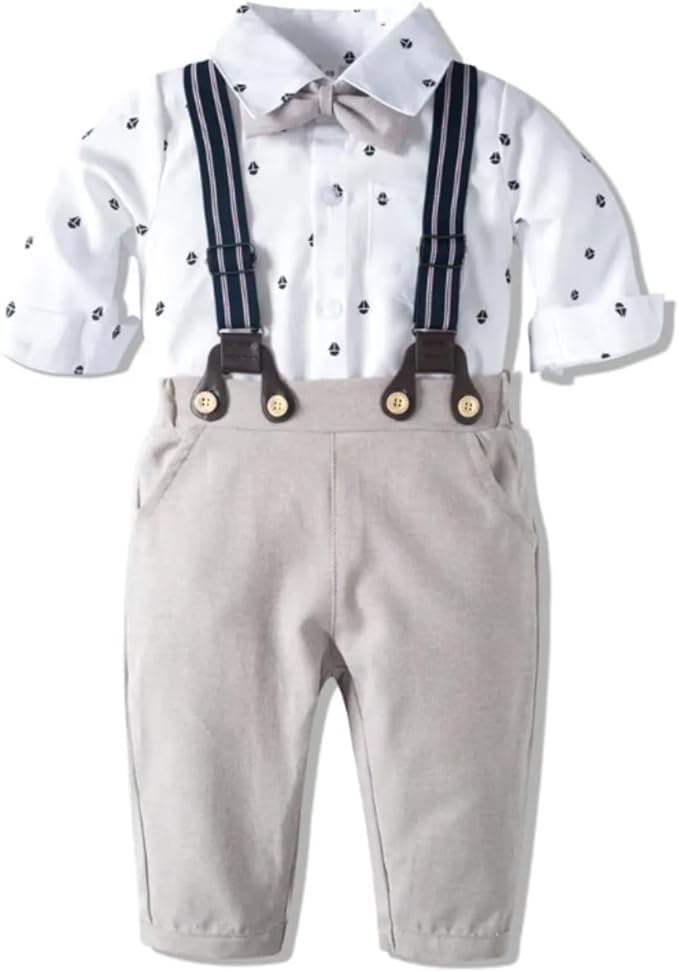 Baby Boy Bodysuit Set | White & Navy Blue Shirt + Suspenders + Pants + Beret Hat