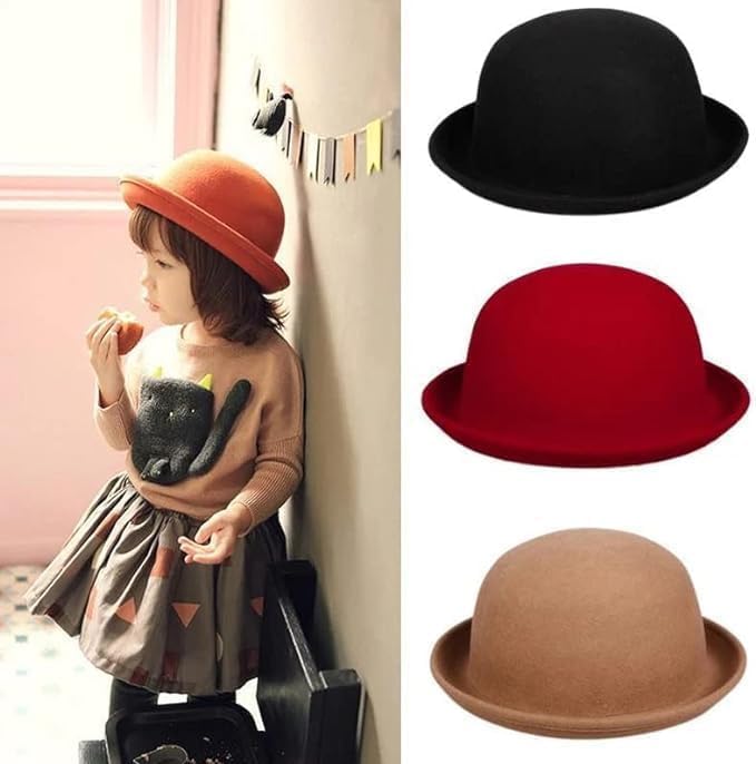 Cute Girls Wool Felt Bowler Hat with Roll up Brim