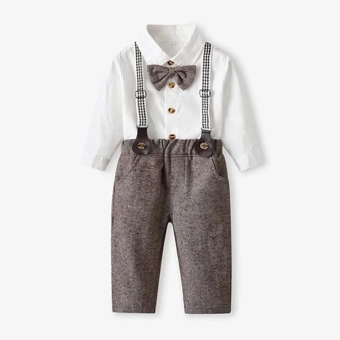 Baby Boys Gentleman Dress Shirt + Pants + Suspenders & Bow Tie 3 pcs Set - B0003