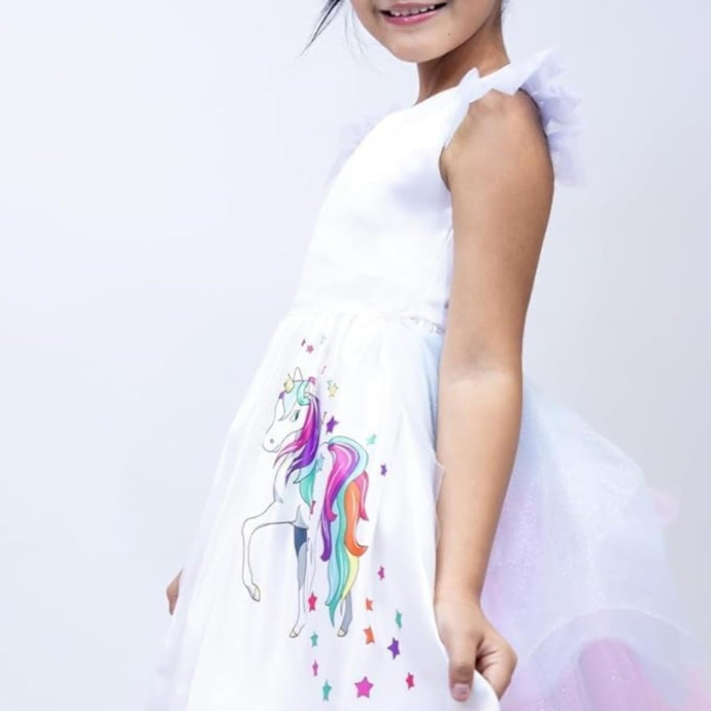 Unicorn Birthday Dress Princess Ruffle Sleeves Detachable long Tail - G0134
