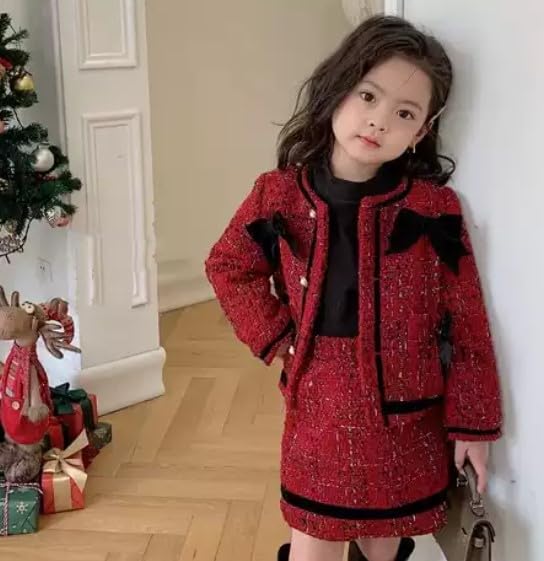 Winter Outfit - Girls Set Long Sleeve Patchwork Jacket + Plaid Skirt - G0034