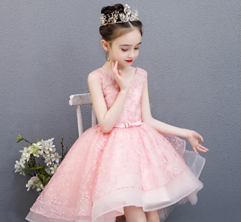 Girls' Tulle Dress with lace Embroidery and Waist Bow - G0075