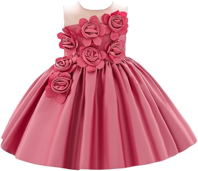 Satin Dress for Babies and Girls with Floral Applications - G0111