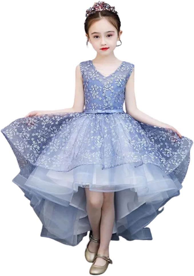 Girls' Tulle Dress with lace Embroidery and Waist Bow - G0075