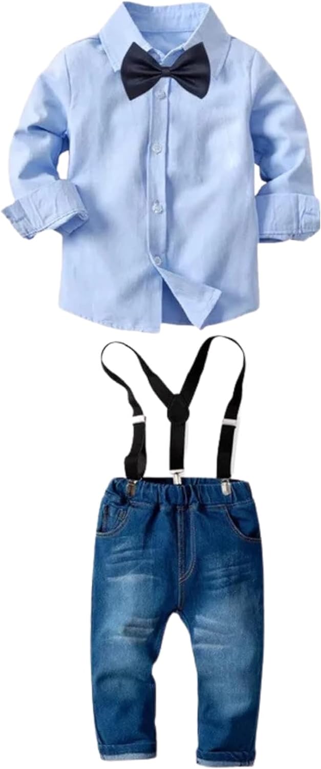 Boys Long Sleeve Shirt + Jeans + Suspenders & Bow Tie 4 pcs Set - B0011
