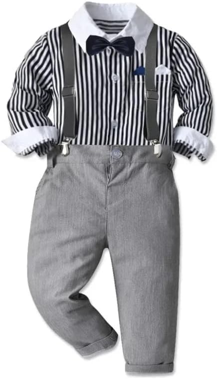 Boys' Striped Shirt and Gray Suspender Pants Set with Bow Tie - B0023