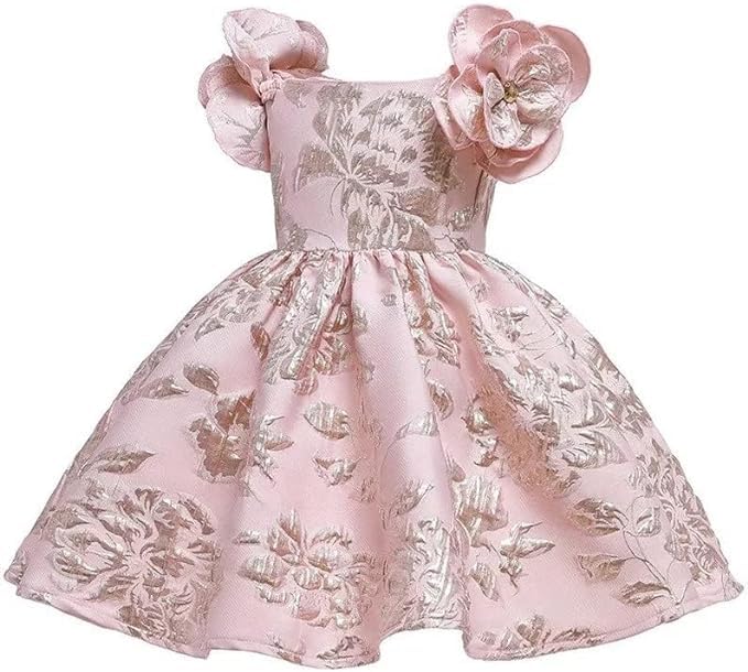 Pink Jacquard Dress with Rose Sleeves - G0095