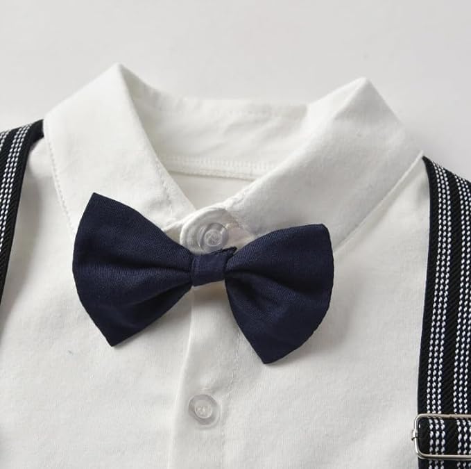 Baby and Toddler Boy Jumpsuit + Beret Hat + Suspenders & Bow Tie - B0001