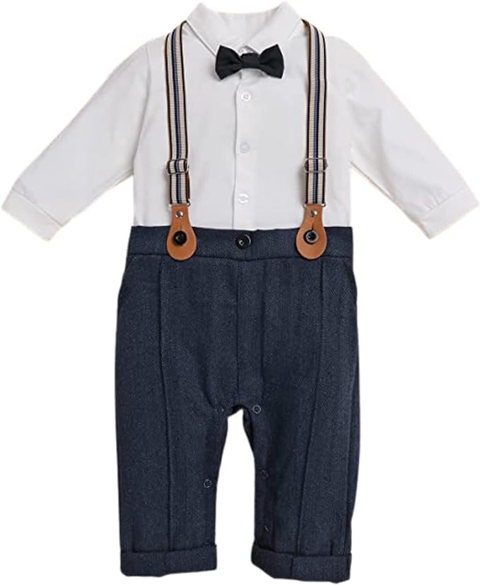 Baby and Toddler Boy Jumpsuit + Beret Hat + Suspenders & Bow Tie - B0001