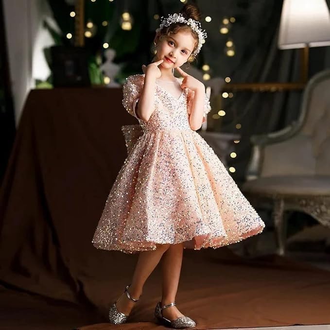 Beautiful Pink Sequined Dress with Princess Cut and Bow at The Back - G0015