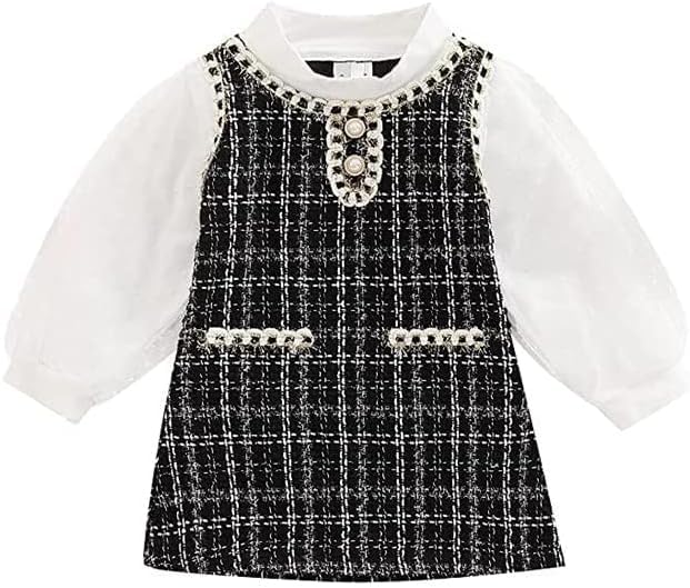 Toddler's Plaid Dress Long Sleeves White T-Shirt Pearls Buttom - G0125