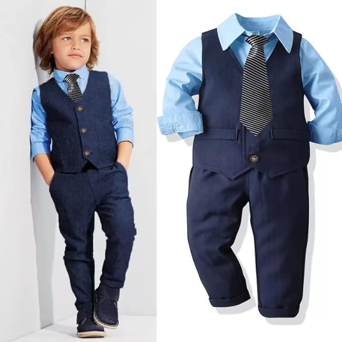 Boys Suit Casual Blue Set Vest + Pants + Light Blue Dress Shirt - B0015