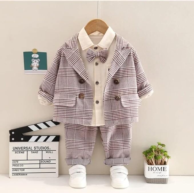 Boys' Plaid Blazer and Pants Set with Bow Tie - B0022