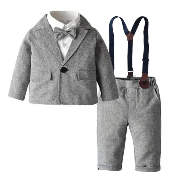 Boys' Gray Suspender Pants Set with Bow Tie - B0020