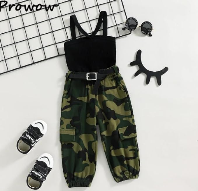 Fall clothes for girls - Sleeveless black top + Camouflage pants - G0032