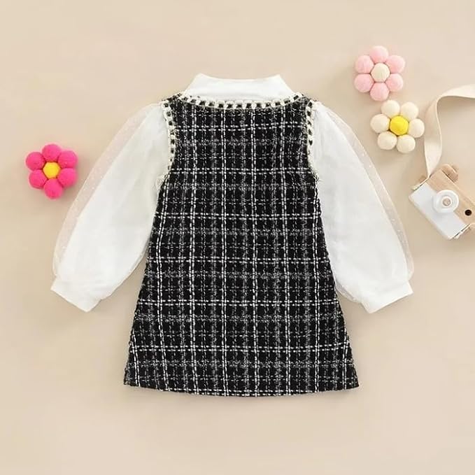 Toddler's Plaid Dress Long Sleeves White T-Shirt Pearls Buttom - G0125
