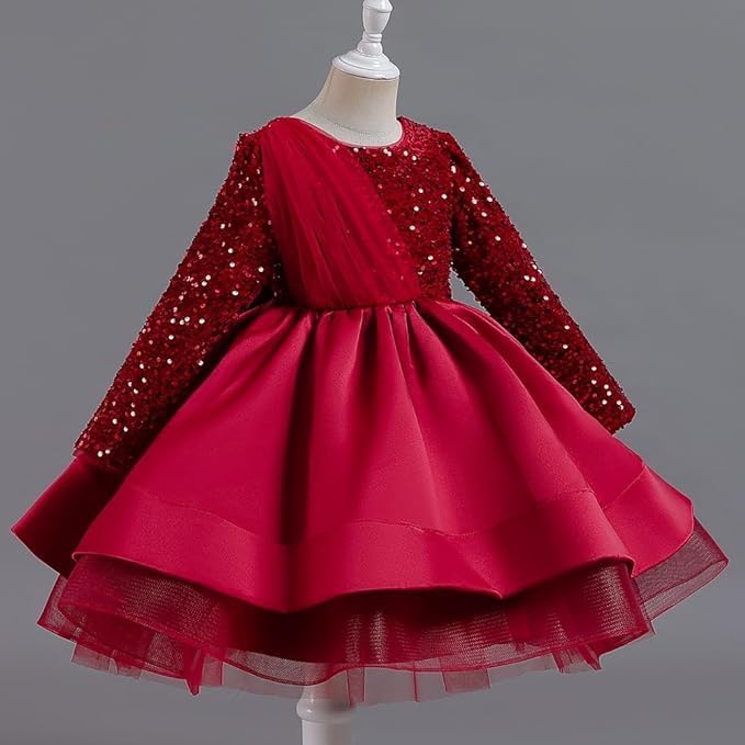 Girls Satin Dress with Long Sleeves and Sequins - G0061