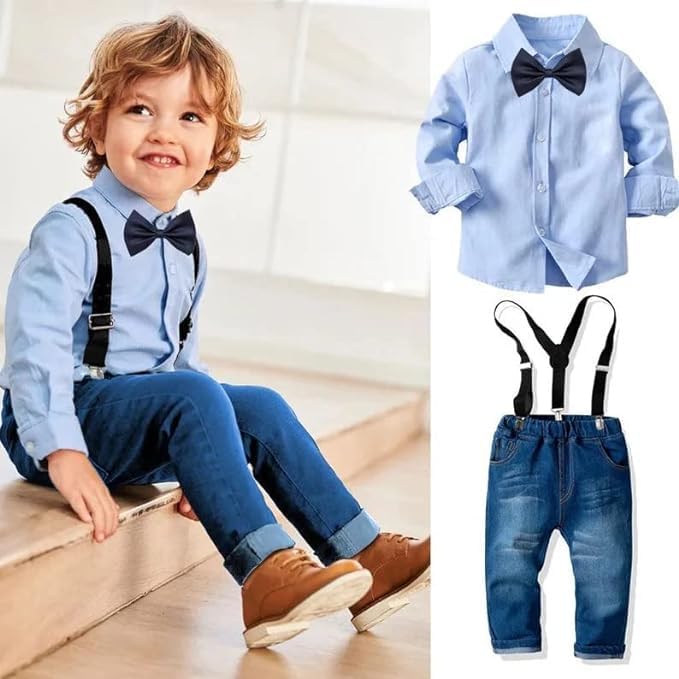 Boys Long Sleeve Shirt + Jeans + Suspenders & Bow Tie 4 pcs Set - B0011
