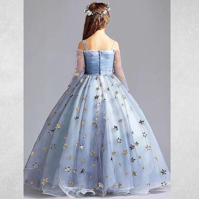 Elegant Long Princess Gown with Tulle Sleeves and a Skirt with Stars for Girls - G0026