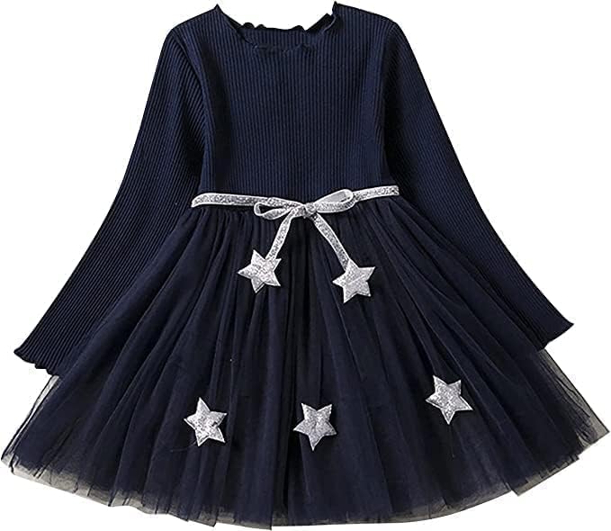 Long Sleeve Dress with Tulle Skirt and Silver Stars for Girls - G0087