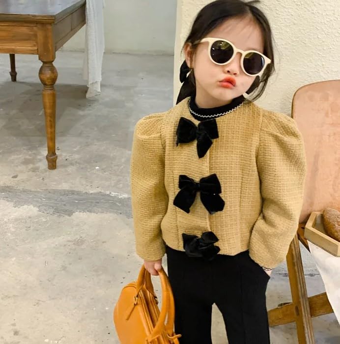 Girls' Stylish Tweed Jacket with Velvet Bows+ Pants Sets - G0073