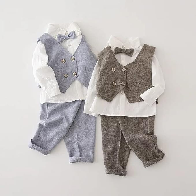 Toddlers Boys 3-Piece Elegant Linen Set Shirt + Vest & Bow Tie - B0031