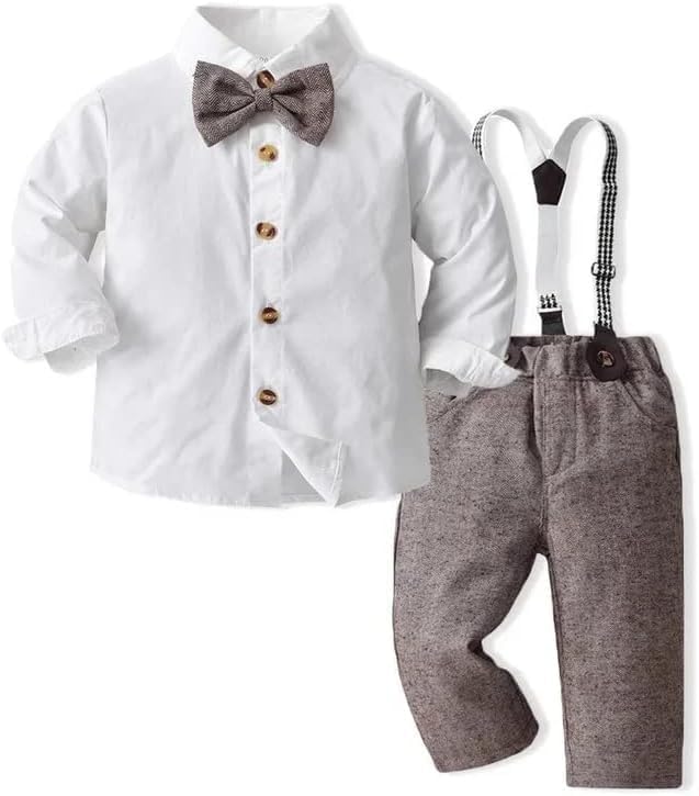 Baby Boys Gentleman Dress Shirt + Pants + Suspenders & Bow Tie 3 pcs Set - B0003