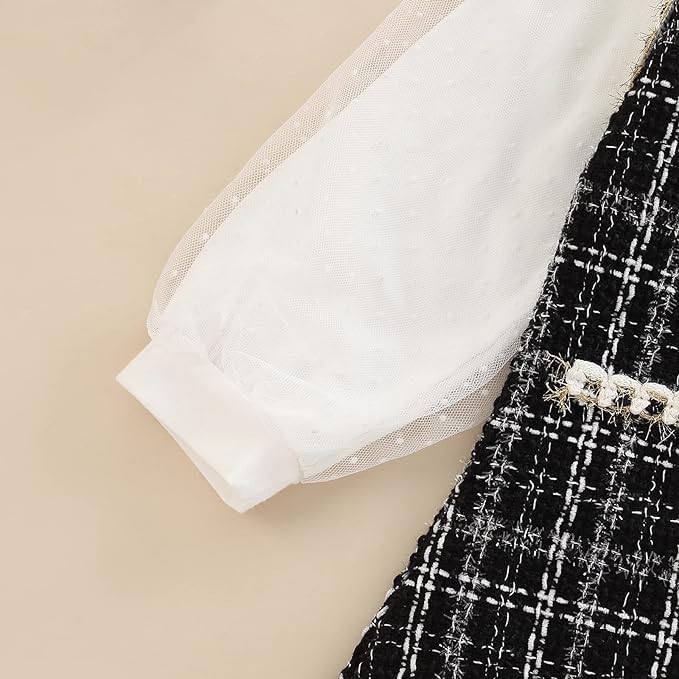 Toddler's Plaid Dress Long Sleeves White T-Shirt Pearls Buttom - G0125