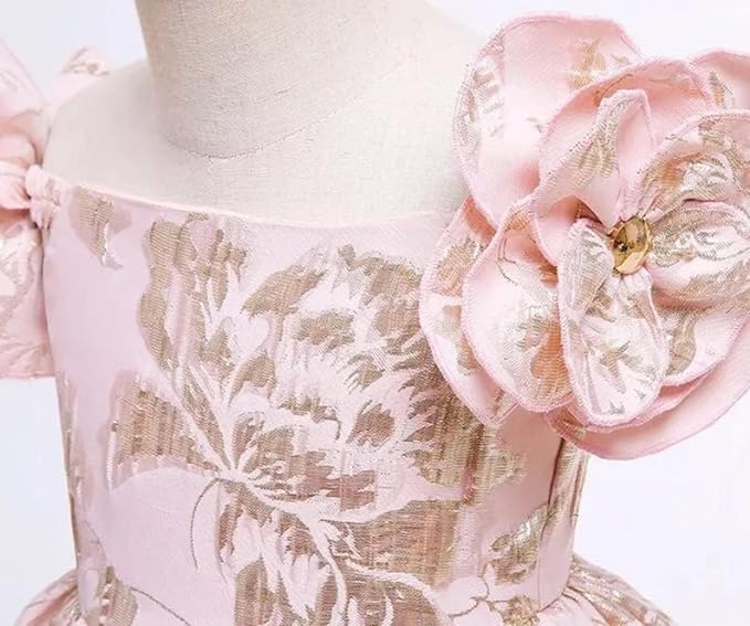 Pink Jacquard Dress with Rose Sleeves - G0095