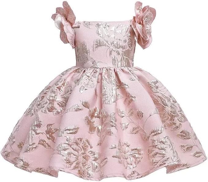 Pink Jacquard Dress with Rose Sleeves - G0095