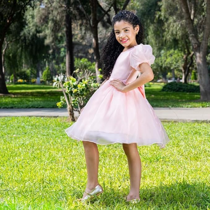 Flower girl's satin dress with puffed sleeves - G0036