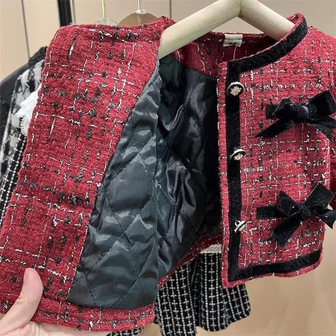 Winter Outfit - Girls Set Long Sleeve Patchwork Jacket + Plaid Skirt - G0034