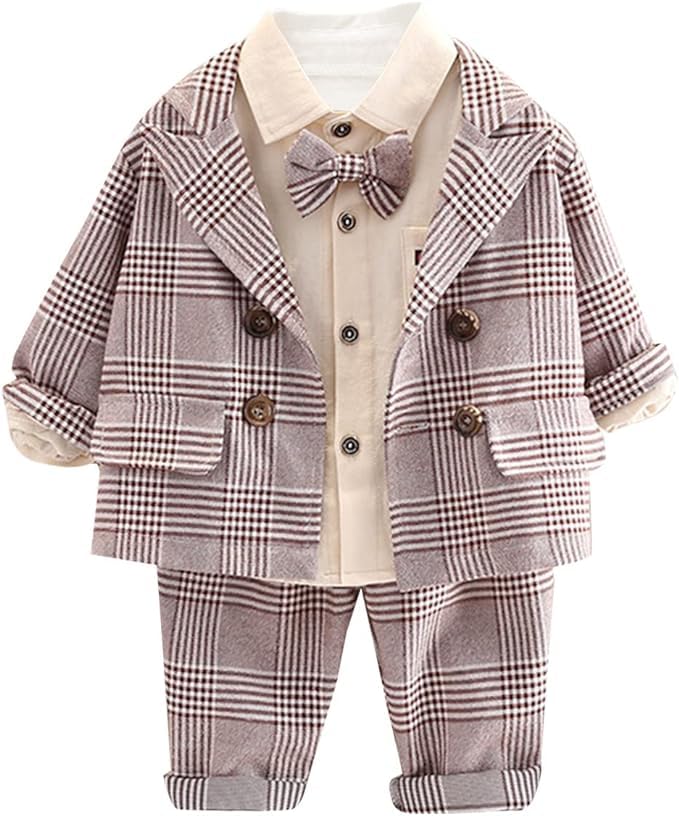 Boys' Plaid Blazer and Pants Set with Bow Tie - B0022