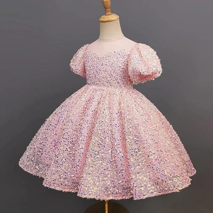 Beautiful Pink Sequined Dress with Princess Cut and Bow at The Back - G0015