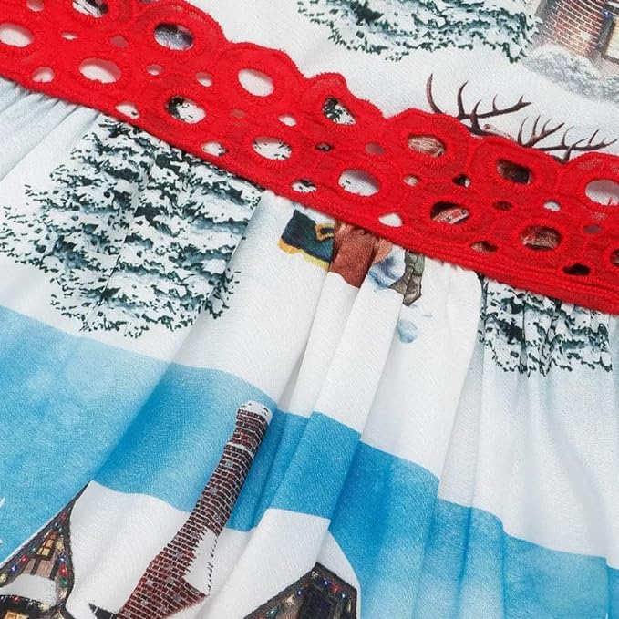 Christmas Dress for Girls with Delicate North Pole Print and red Bow - G0025