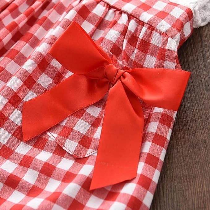 Girl's plaid picnic summer dress with small bows - G0047