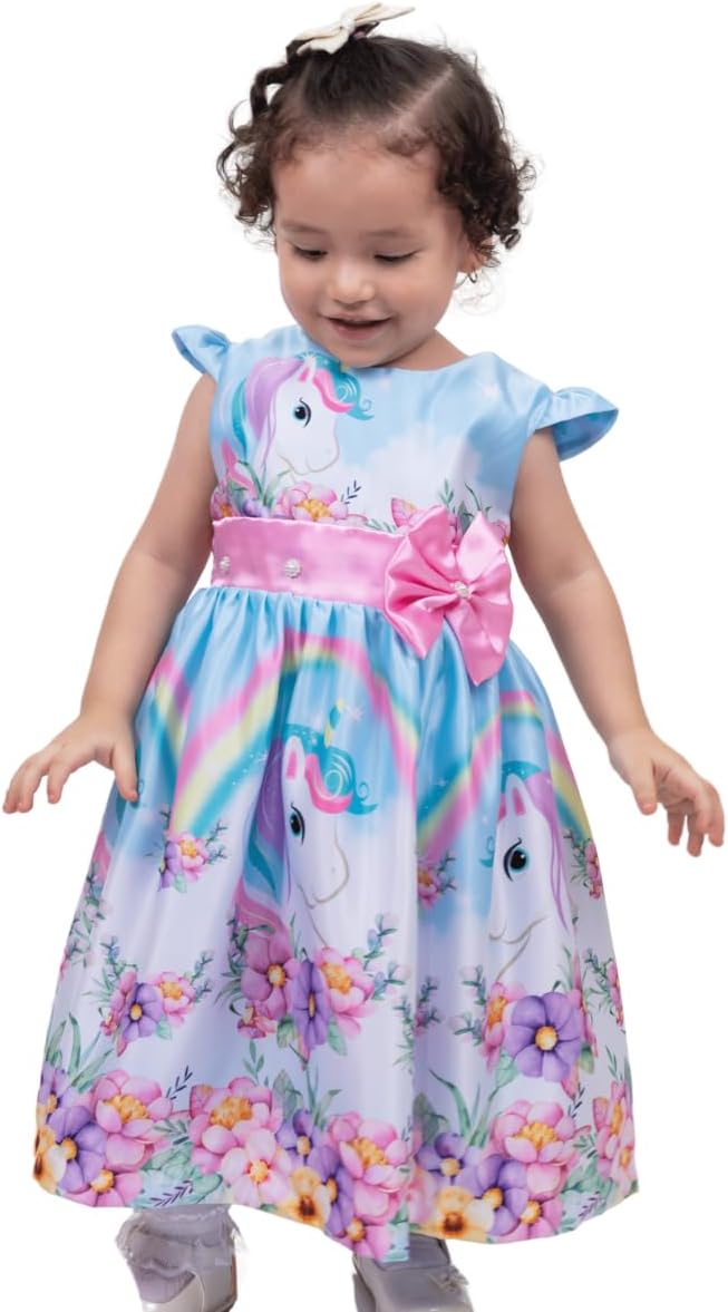 Girl's Unicorn Themed Pink an lightblue Dress Knee-Lenght - G0054