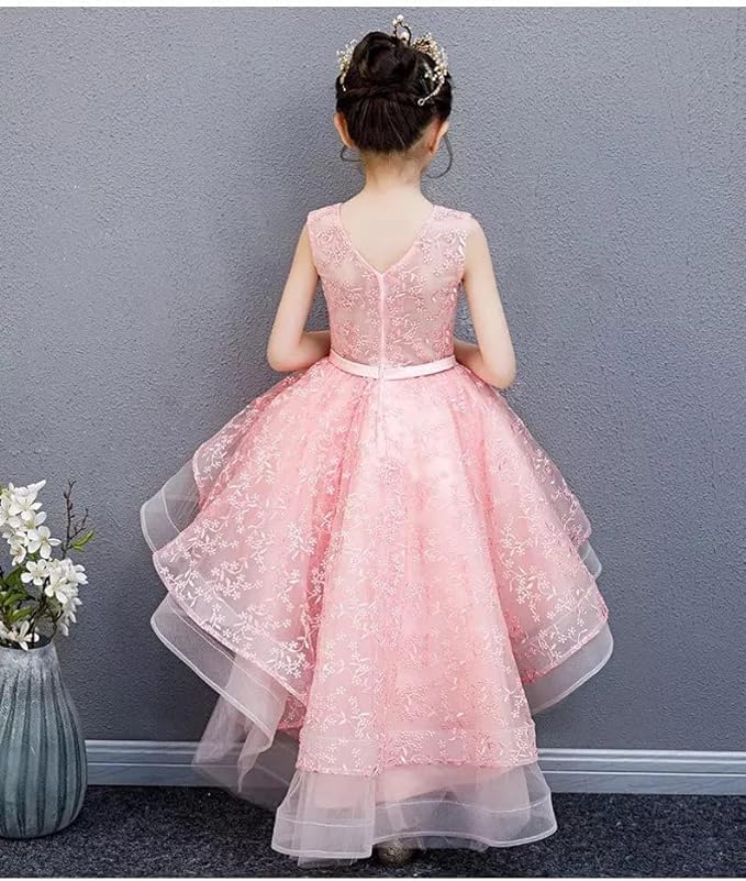 Girls' Tulle Dress with lace Embroidery and Waist Bow - G0075