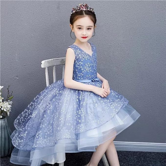Girls' Tulle Dress with lace Embroidery and Waist Bow - G0075