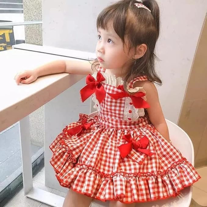 Girl's plaid picnic summer dress with small bows - G0047