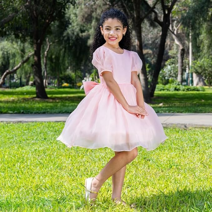 Flower girl's satin dress with puffed sleeves - G0036