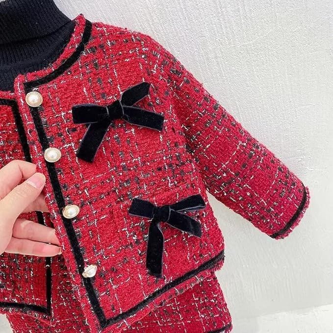 Winter Outfit - Girls Set Long Sleeve Patchwork Jacket + Plaid Skirt - G0034