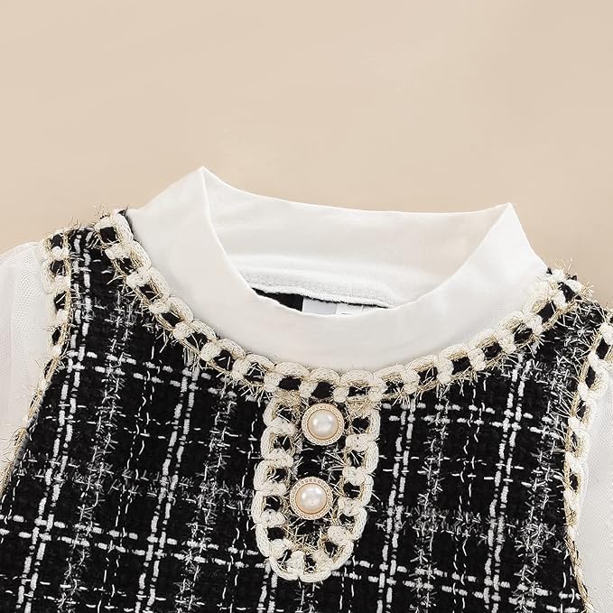 Toddler's Plaid Dress Long Sleeves White T-Shirt Pearls Buttom - G0125