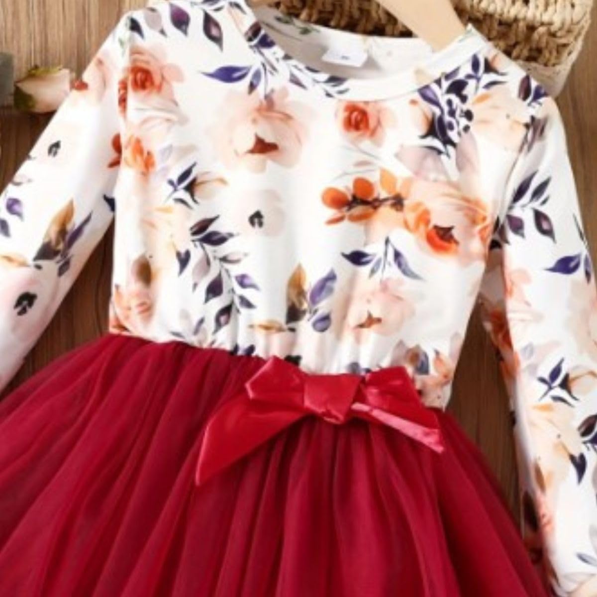 Baby Girls' Floral Long-Sleeve Dress with Tulle Skirt – Spring Dress G007