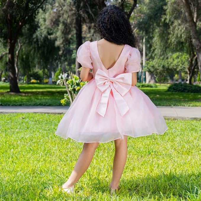 Flower girl's satin dress with puffed sleeves - G0036